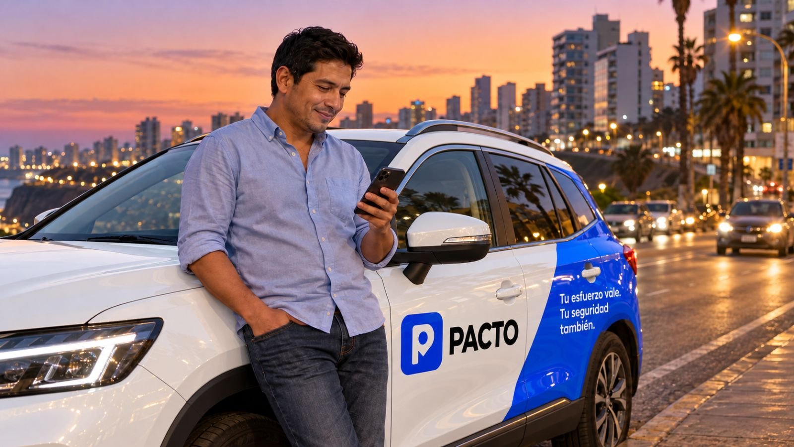 Conductor junto a su auto con el vinil de Pacto
