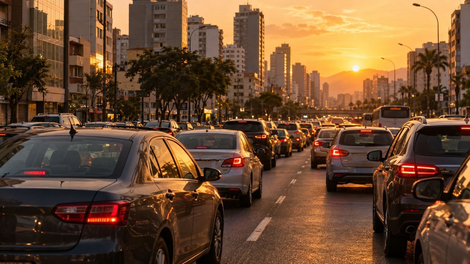Avenida de Lima con tráfico al atardecer